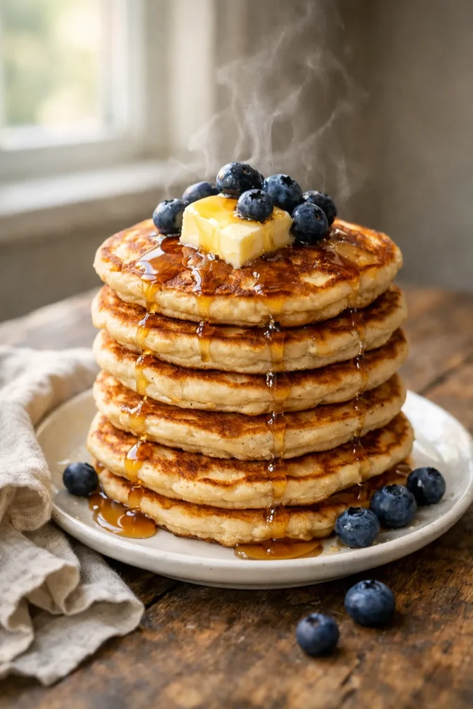 Tall stack of fluffy homemade pancakes drizzled with maple syrup on a white plate — easy pancake recipe from scratch