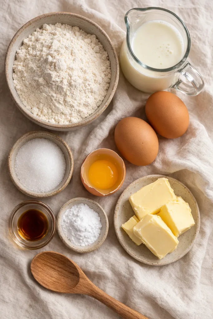 Overhead flatlay of pancake recipe ingredients including flour, eggs, buttermilk, and butter on linen