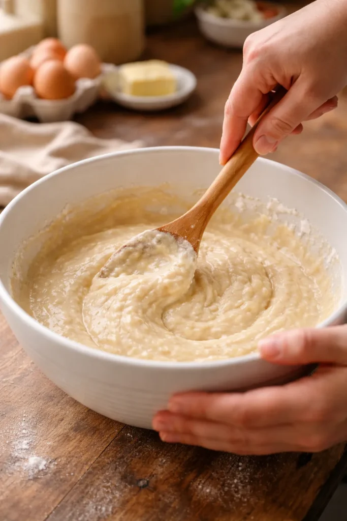 Hands folding lumpy pancake batter in a white bowl — key step in this fluffy pancake recipe from scratch