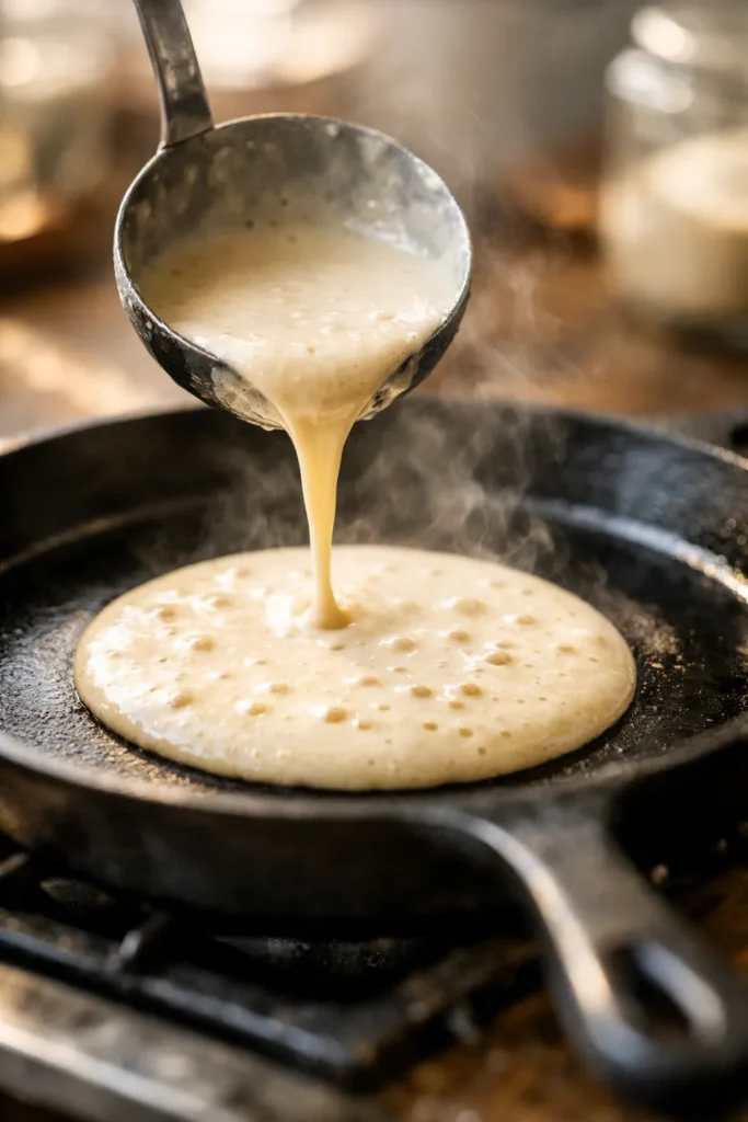 Pancake batter being poured onto a hot skillet — step-by-step pancake recipe from scratch with bubbles forming