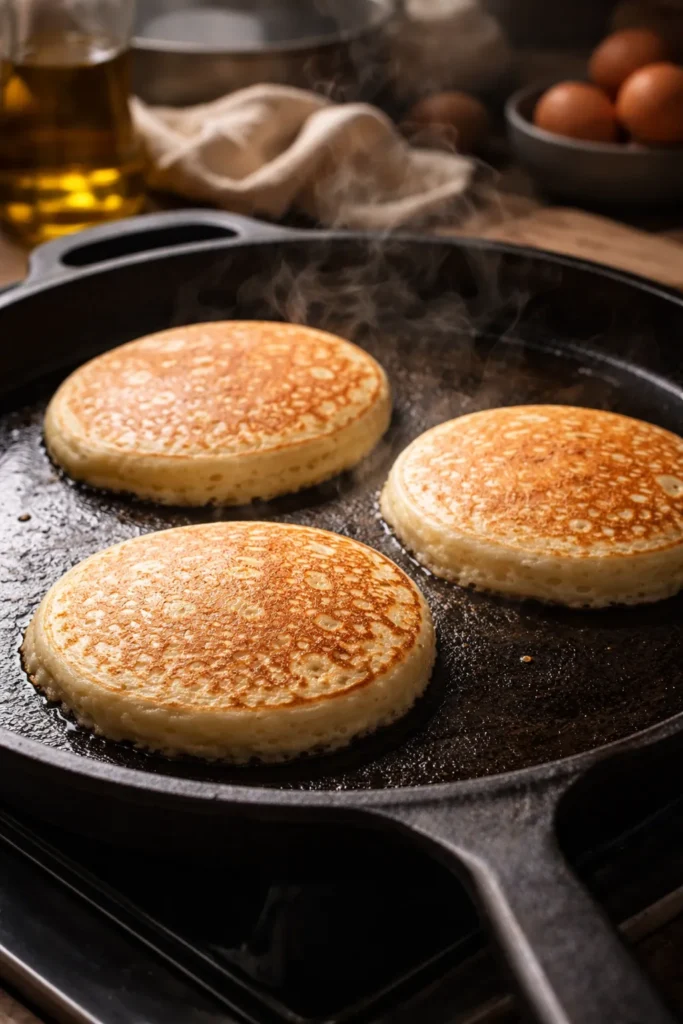Three fluffy pancakes cooking on a griddle with bubbles on top — easy homemade pancake recipe from scratch