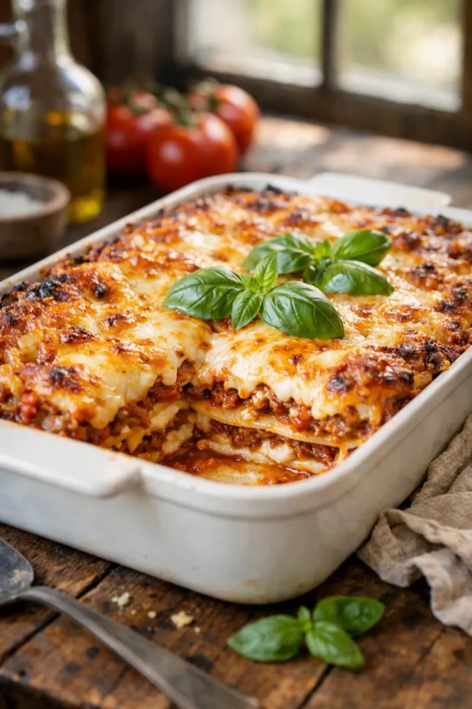  All ingredients for classic lasagna recipe arranged in flat lay on wooden table including meat, cheese, pasta sheets and sauce ingredients