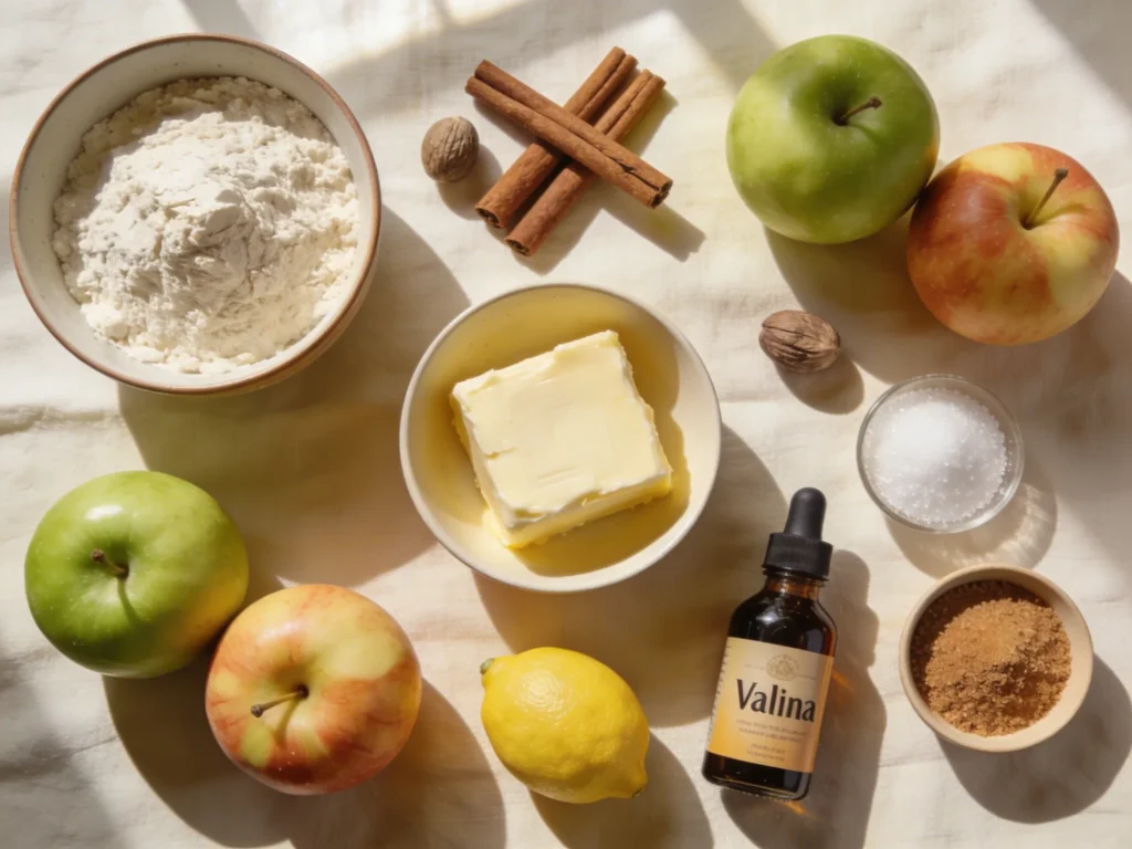 Apple pie recipe ingredients flatlay with Granny Smith apples butter flour cinnamon sugar and spices on linen surface