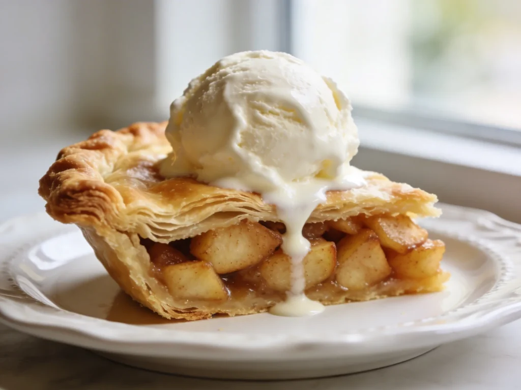 Apple pie recipe slice on white plate with melting vanilla ice cream in clean natural daylight