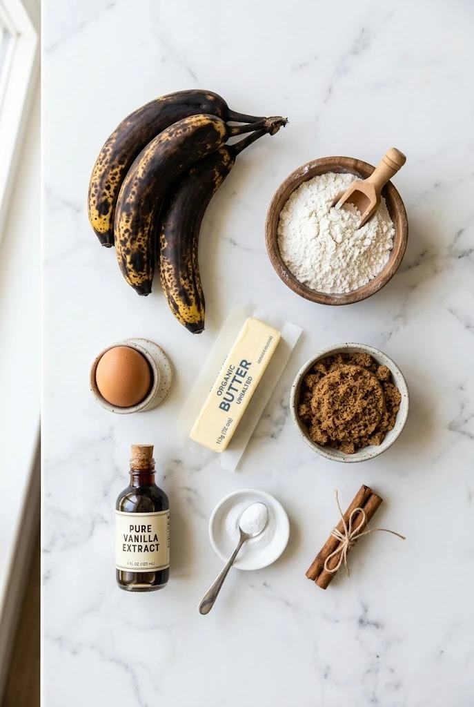 Banana bread ingredients flatlay including overripe bananas, brown sugar, flour, butter, egg and vanilla extract on white marble