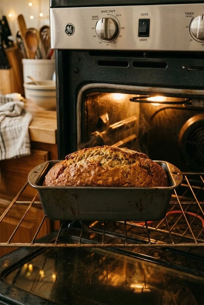 Banana bread loaf baking in a dark loaf pan inside home oven with golden brown top cracking in center