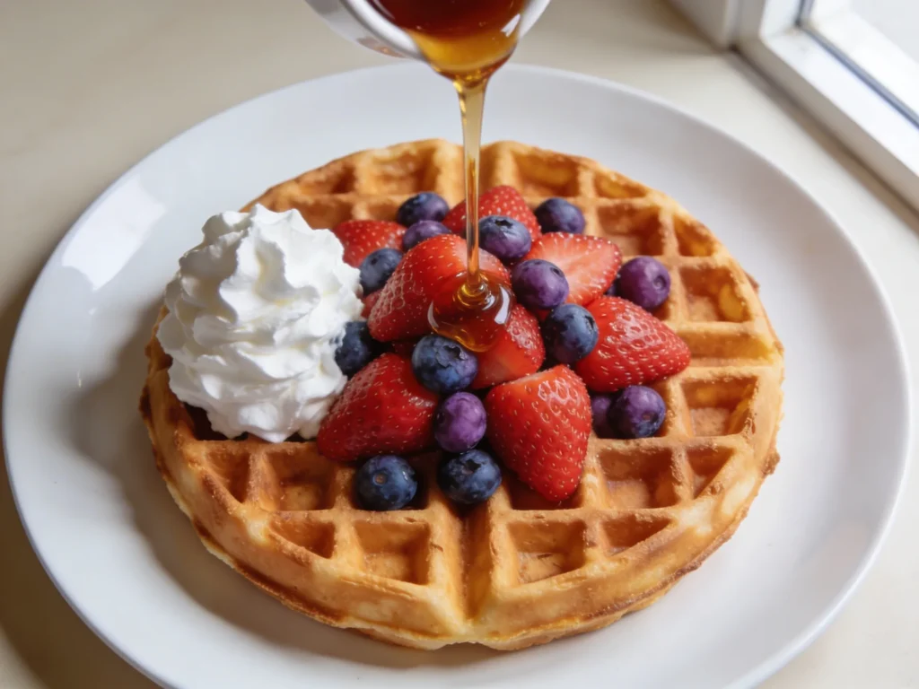 Belgian waffle with fresh berries whipped cream and maple syrup drizzle on white plate in natural daylight
