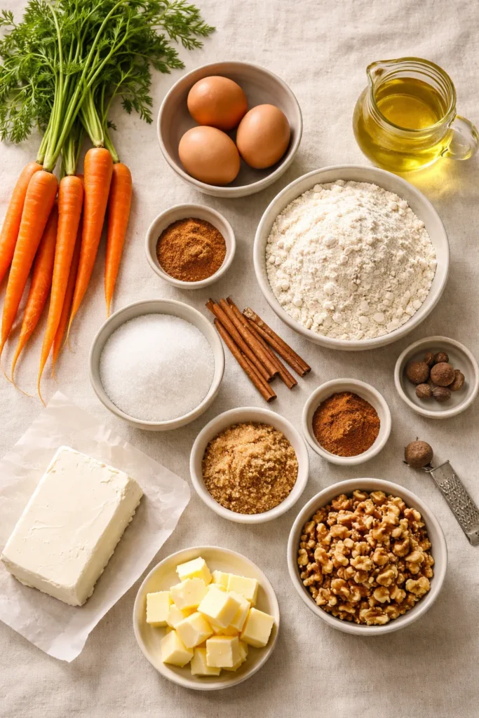 Carrot cake recipe ingredients flatlay with carrots eggs flour spices cream cheese and walnuts on linen surface