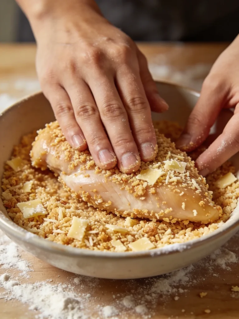 Chicken breast being pressed into panko breadcrumb coating for crispy chicken parmesan recipe