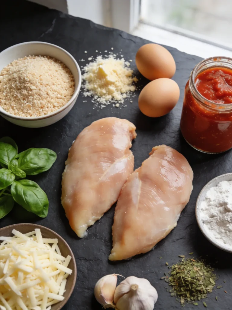 Chicken parmesan recipe ingredients flatlay including chicken breasts panko breadcrumbs Parmesan eggs and marinara on slate