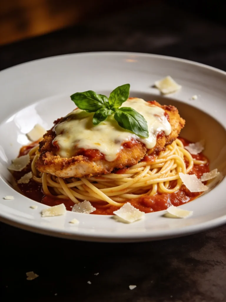 Chicken parmesan recipe served over spaghetti on white plate with melted cheese basil and Parmesan in restaurant style light