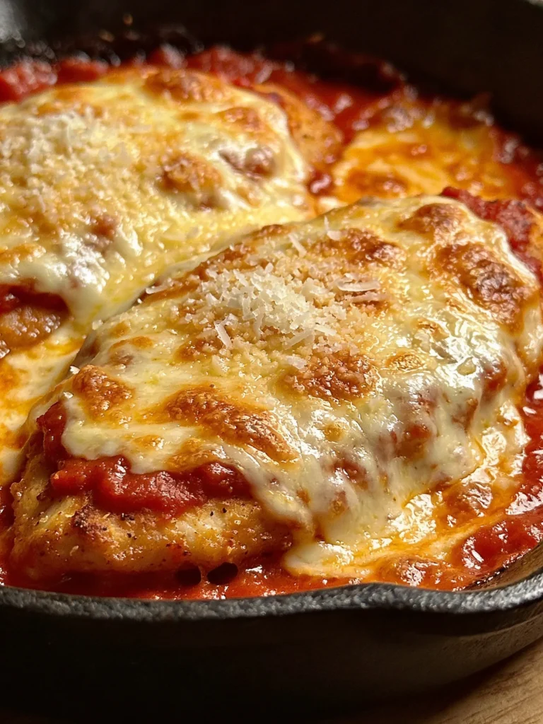 Chicken parmesan with golden bubbling melted mozzarella and Parmesan fresh from oven in cast iron skillet