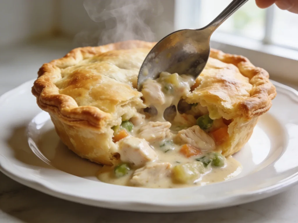 Chicken pot pie portion on white plate with spoon breaking through golden pastry revealing creamy filling in natural light