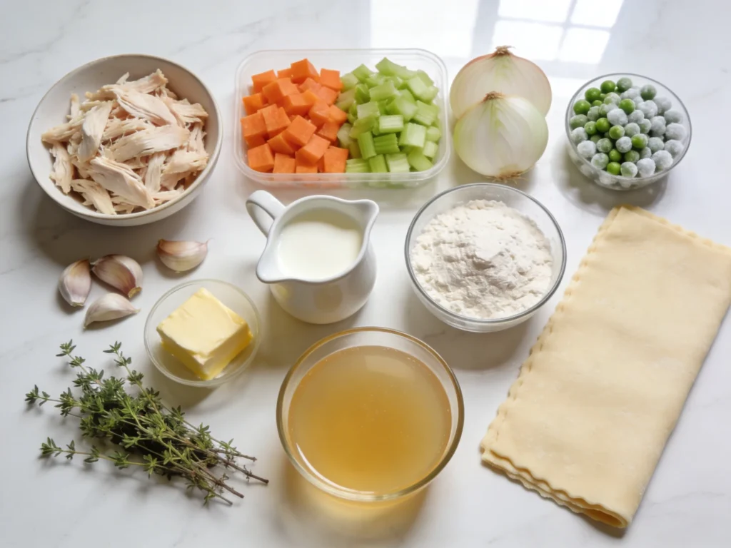Chicken pot pie recipe ingredients flatlay with chicken vegetables butter cream and puff pastry on white marble