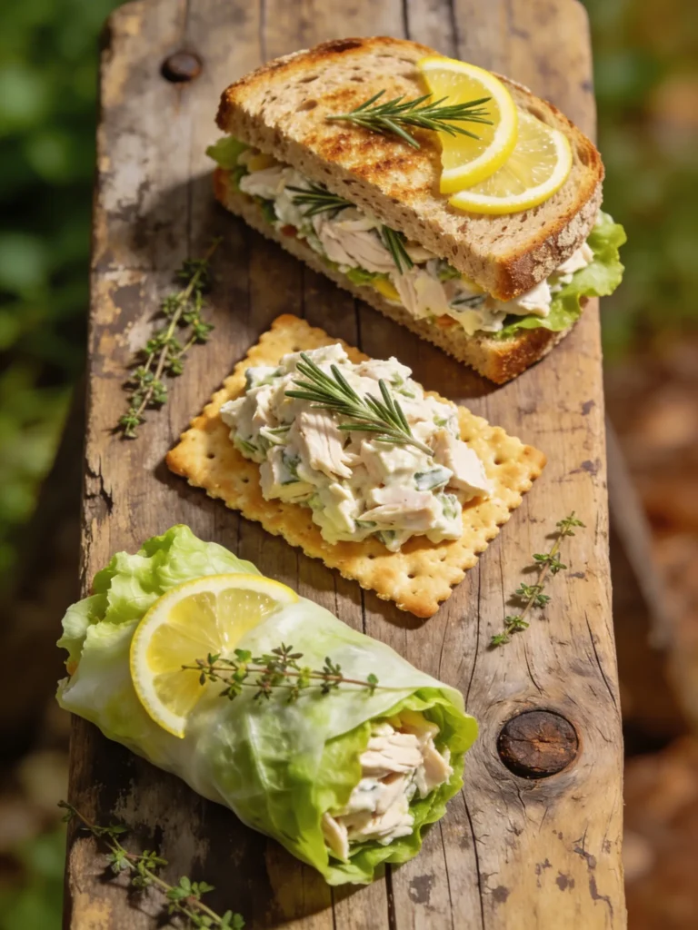 Chicken salad recipe served three ways — sandwich, crackers, and lettuce wraps — on a rustic wooden board with lemon.