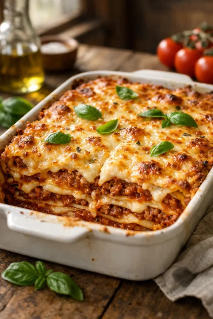 Classic lasagna recipe sliced in ceramic baking dish showing rich meat sauce and melted cheese layers, natural light food photography