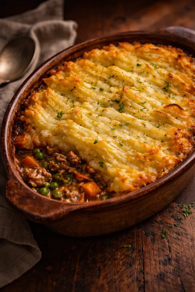 Classic shepherd's pie recipe in rustic ceramic dish with golden mashed potato topping and bubbling filling