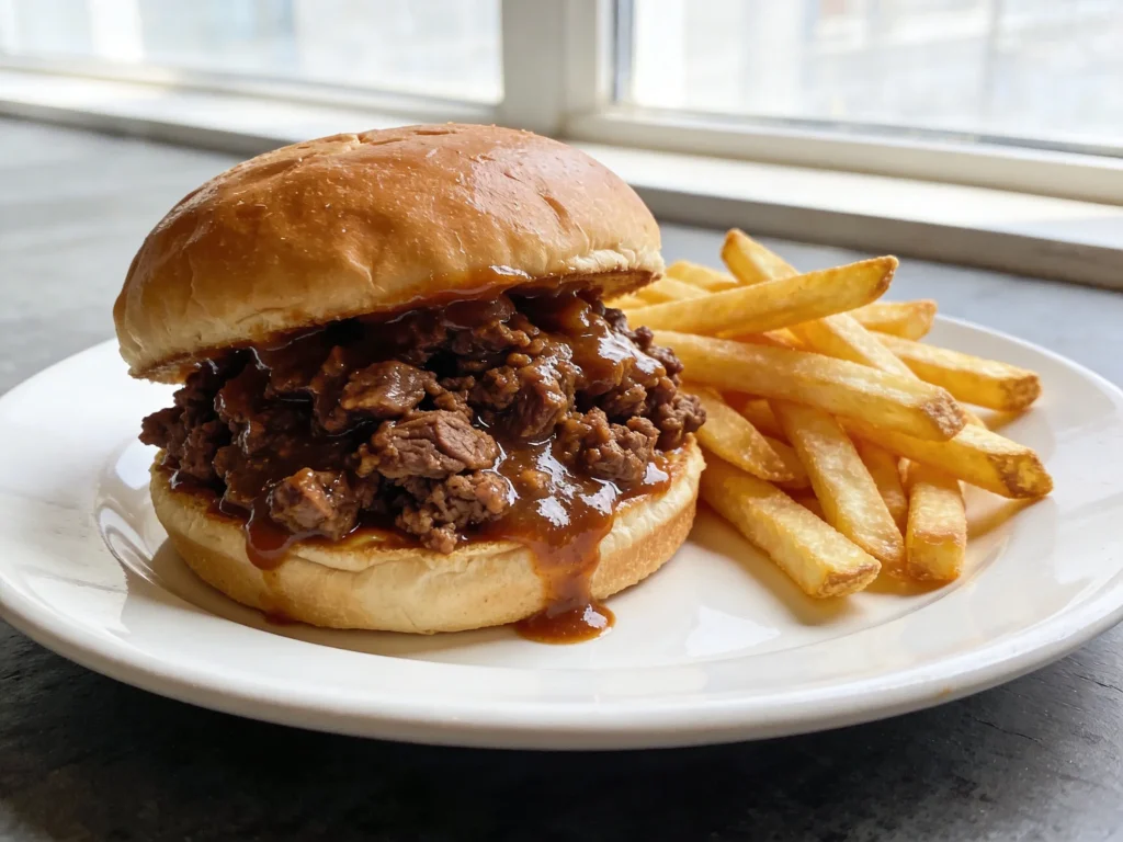 Classic sloppy joe recipe served with crispy french fries on white plate in clean natural daylight