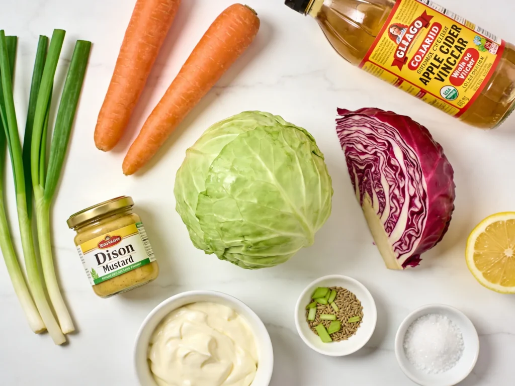 Coleslaw recipe ingredients flatlay with cabbage carrots mayonnaise apple cider vinegar and mustard on white marble
