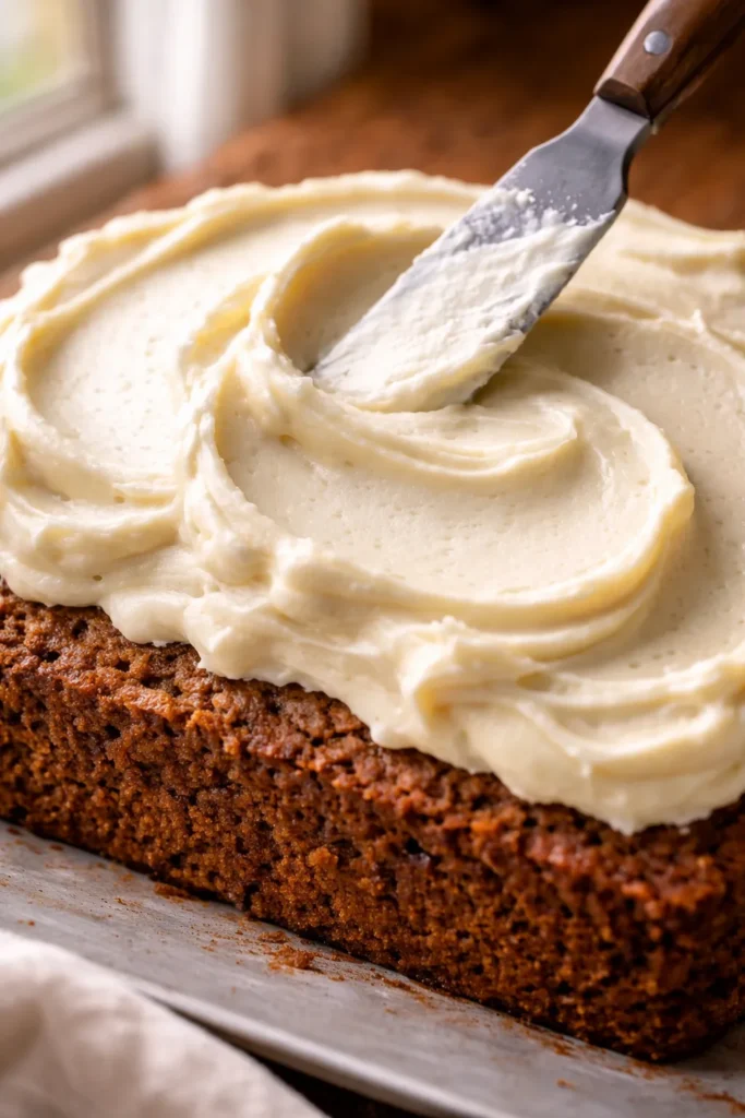 Cream cheese frosting being spread over carrot cake with offset spatula in natural light