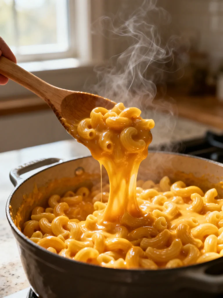 Creamy cheddar cheese sauce being stirred into one pot mac and cheese — thick, golden, and glossy