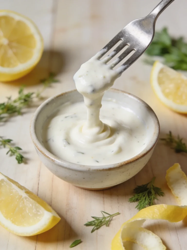  Creamy chicken salad dressing being whisked in a small bowl with lemon juice and Dijon mustard, natural light.
