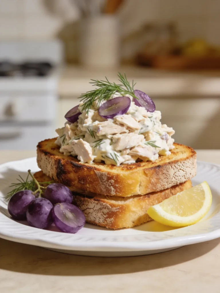 Creamy chicken salad recipe on toasted sourdough with fresh dill and grapes on a white plate, natural light.