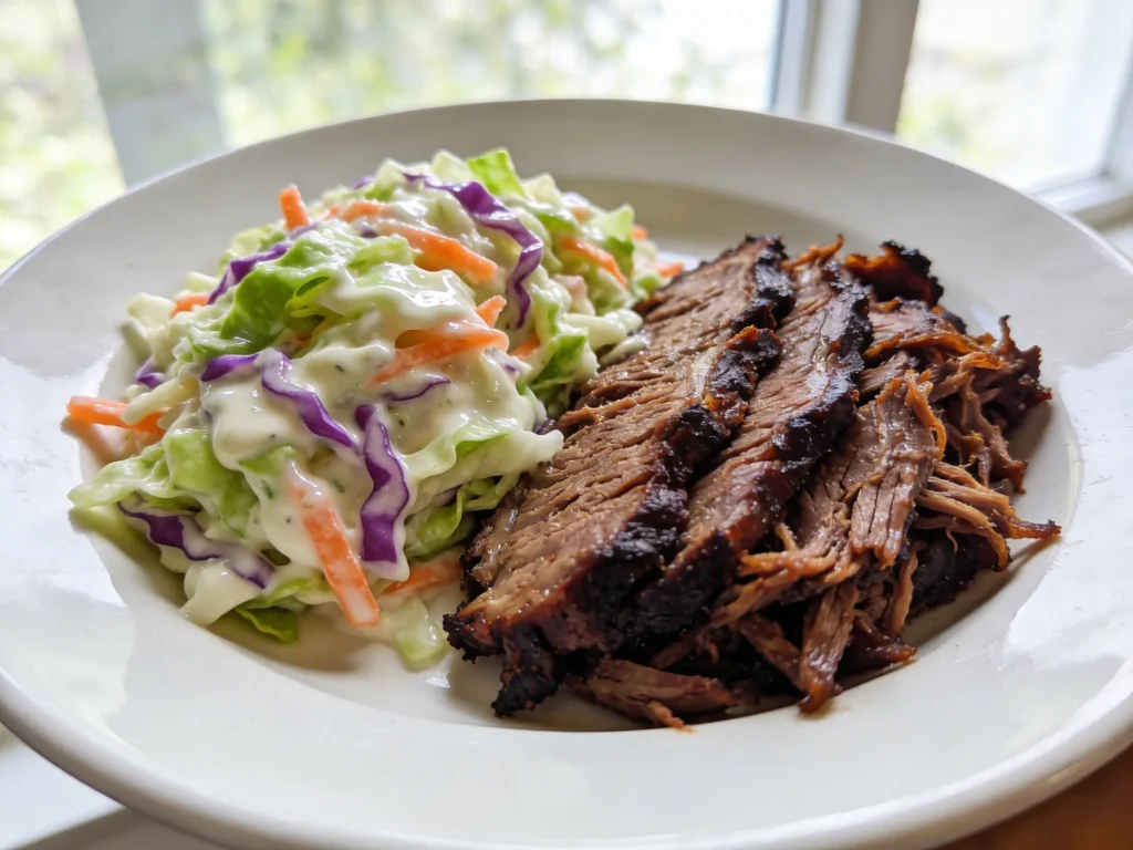  Creamy coleslaw recipe served alongside pulled pork on white plate in clean natural daylight