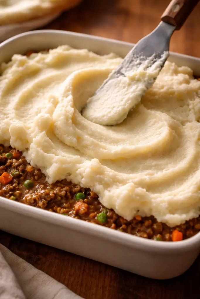  Creamy mashed potato topping being spread over shepherd's pie filling in baking dish