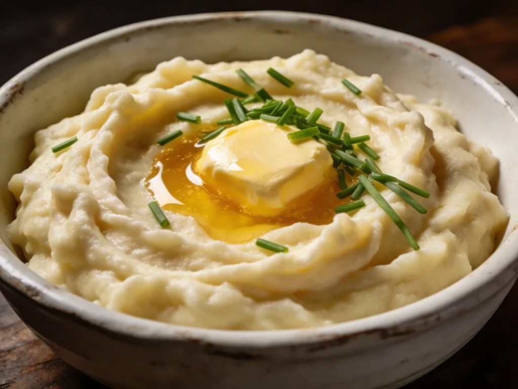Creamy mashed potatoes recipe in white ceramic bowl with melting butter and fresh chives in warm natural light