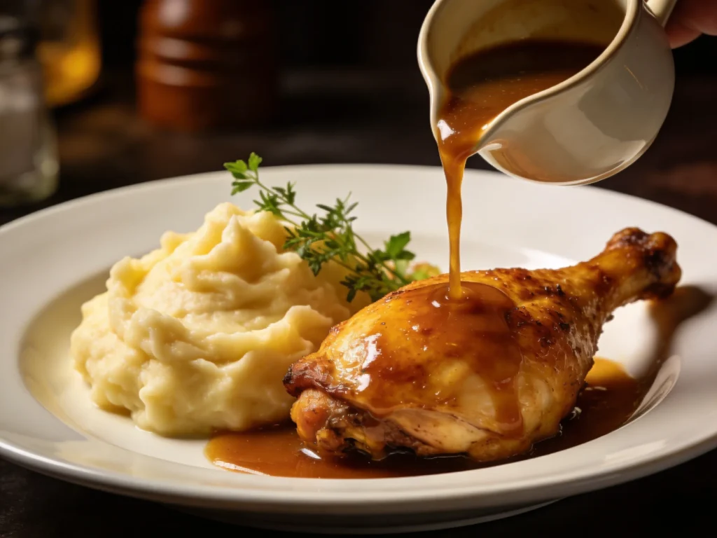 Creamy mashed potatoes served with roasted chicken and gravy on white plate in warm restaurant style light