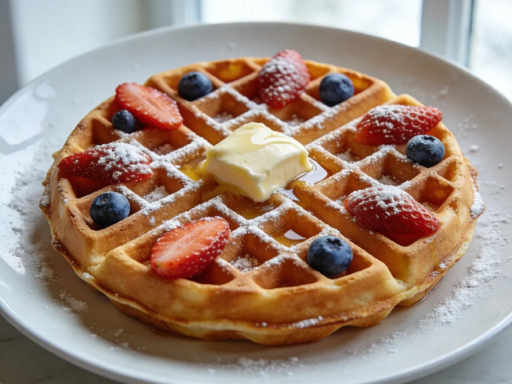Crispy Belgian waffle recipe on white plate with melting butter fresh berries and powdered sugar in natural light