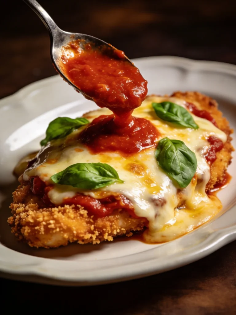 Crispy chicken parmesan recipe on white plate with golden crust marinara sauce melted mozzarella and fresh basil