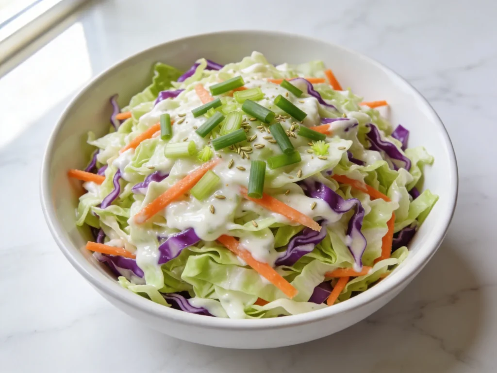 Crunchy coleslaw recipe in white ceramic bowl with green purple cabbage carrots and creamy dressing in natural light
