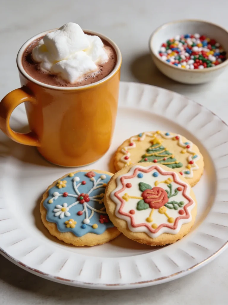  Decorated sugar cookies served on a plate with hot cocoa — easy sugar cookie recipe for holidays and gifting