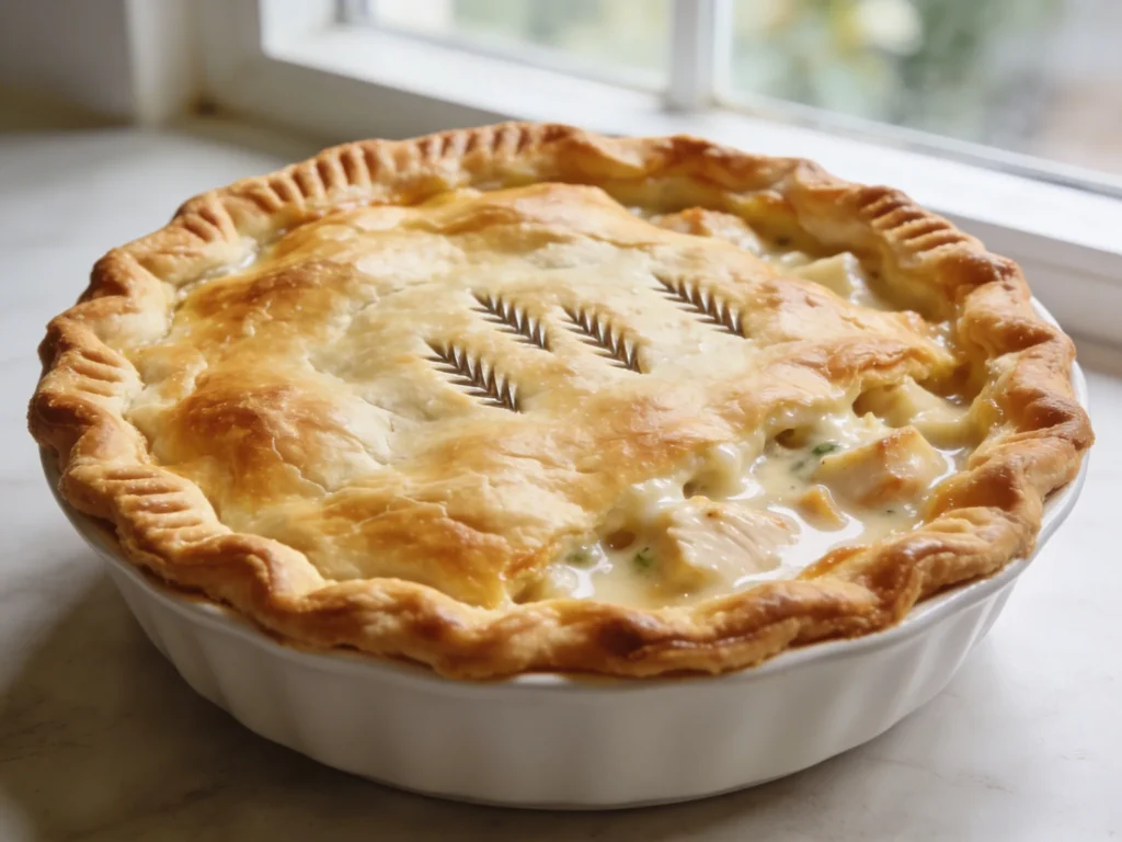 Easy chicken pot pie recipe in white ceramic dish with golden flaky crust and bubbling creamy filling in natural light