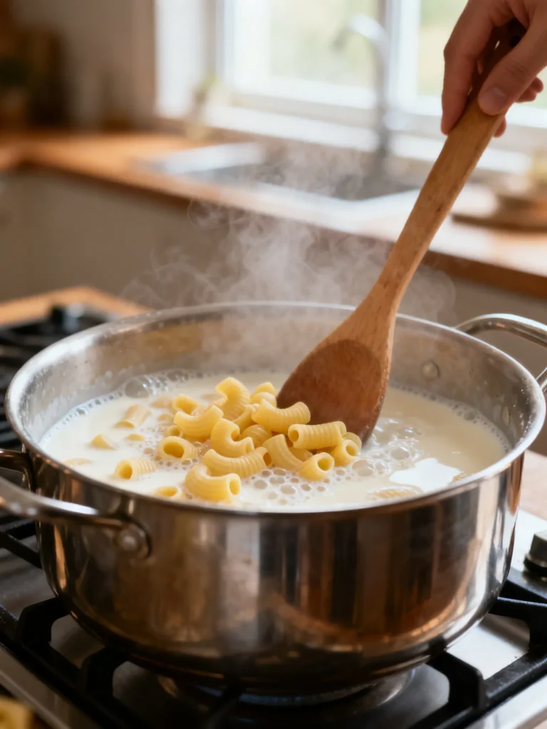 Elbow macaroni cooking in milk and water in one pot — step in the easy mac and cheese recipe