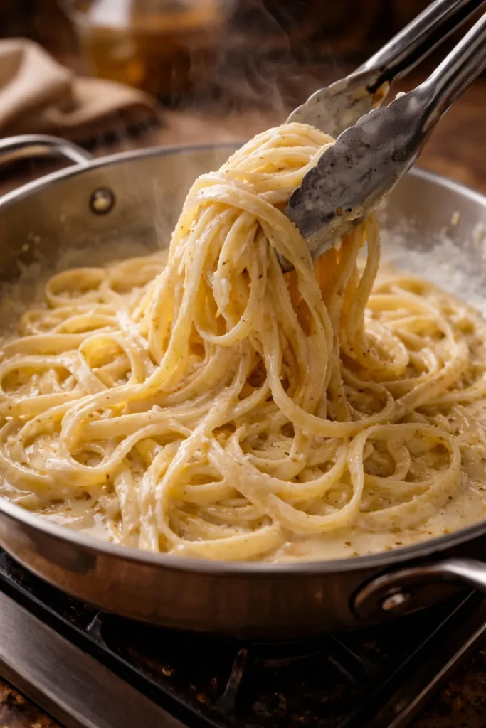 Fettuccine pasta being tossed in pan of silky Alfredo sauce recipe with tongs