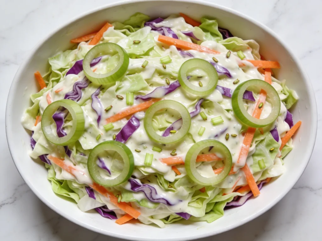  Finished creamy coleslaw recipe overhead in white serving bowl with cabbage carrots green onions and celery seeds