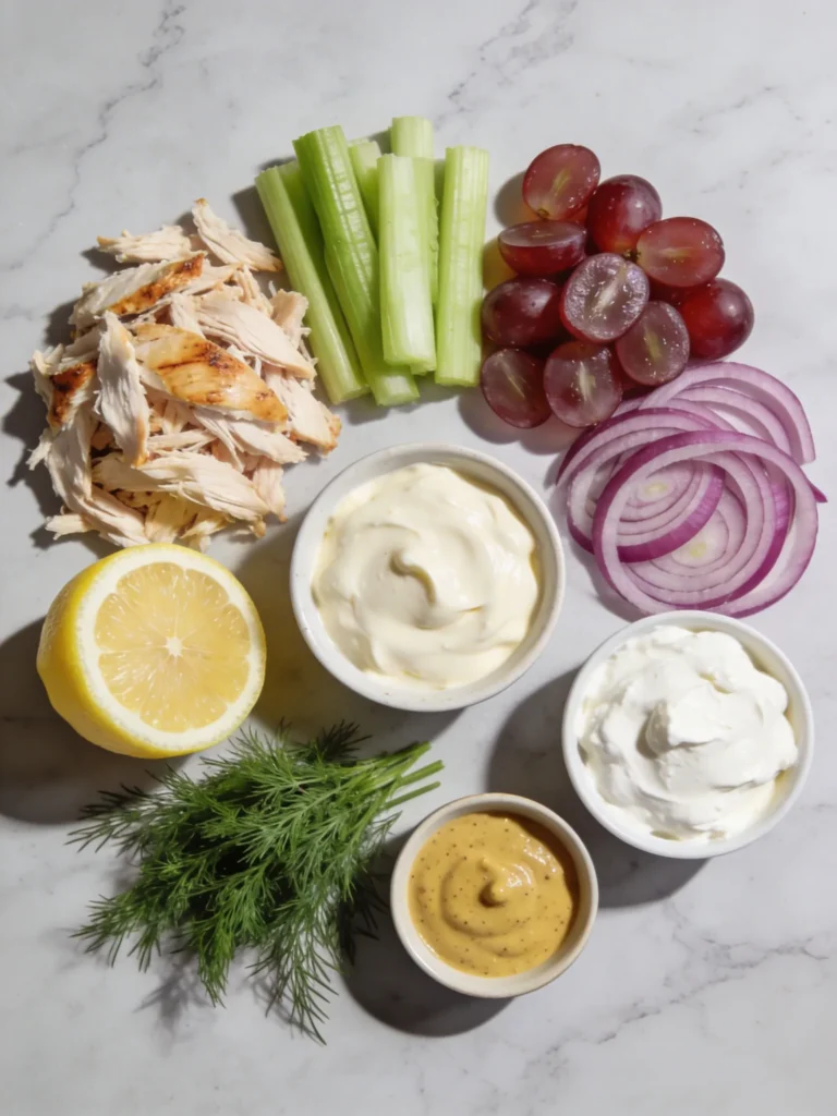  Flat lay of chicken salad recipe ingredients including shredded chicken, grapes, celery, mayo, and fresh dill on marble.
