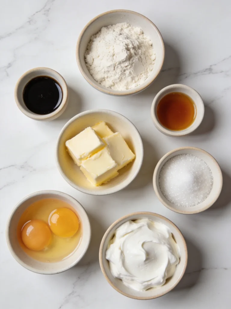  Flat lay of sugar cookie recipe ingredients including butter, flour, sugar, eggs, and vanilla on marble surface