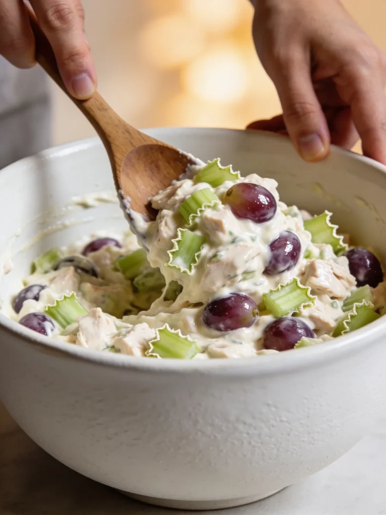 Folding creamy chicken salad with grapes and celery in a white bowl using a wooden spoon, natural kitchen light.