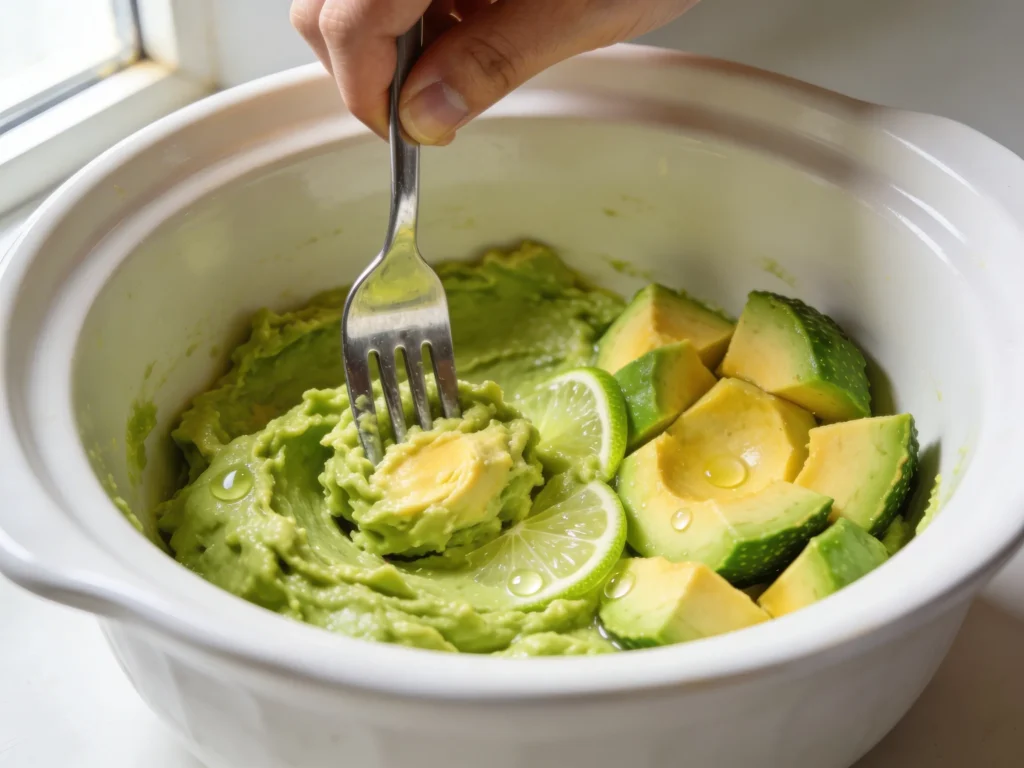Fork mashing fresh ripe avocado in white ceramic bowl for homemade guacamole recipe in natural light