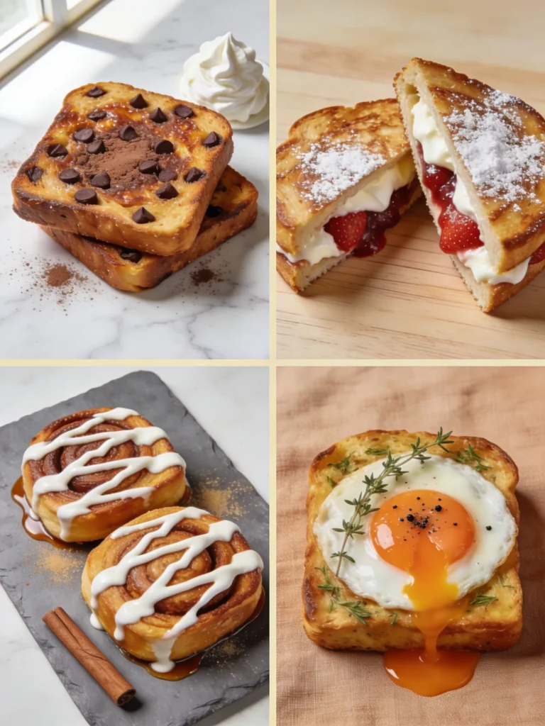 Four French toast recipe variations — chocolate chip, stuffed cream cheese, cinnamon roll, and savoury herb with egg