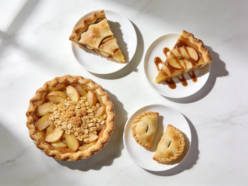 Four apple pie recipe variations including classic Dutch crumble caramel and mini hand pies on white marble surface