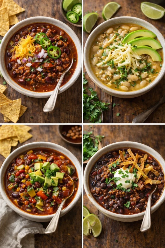 Four bowls showing chili recipe variations including classic beef, white chicken, vegetarian, and smoky chipotle chili side by side
