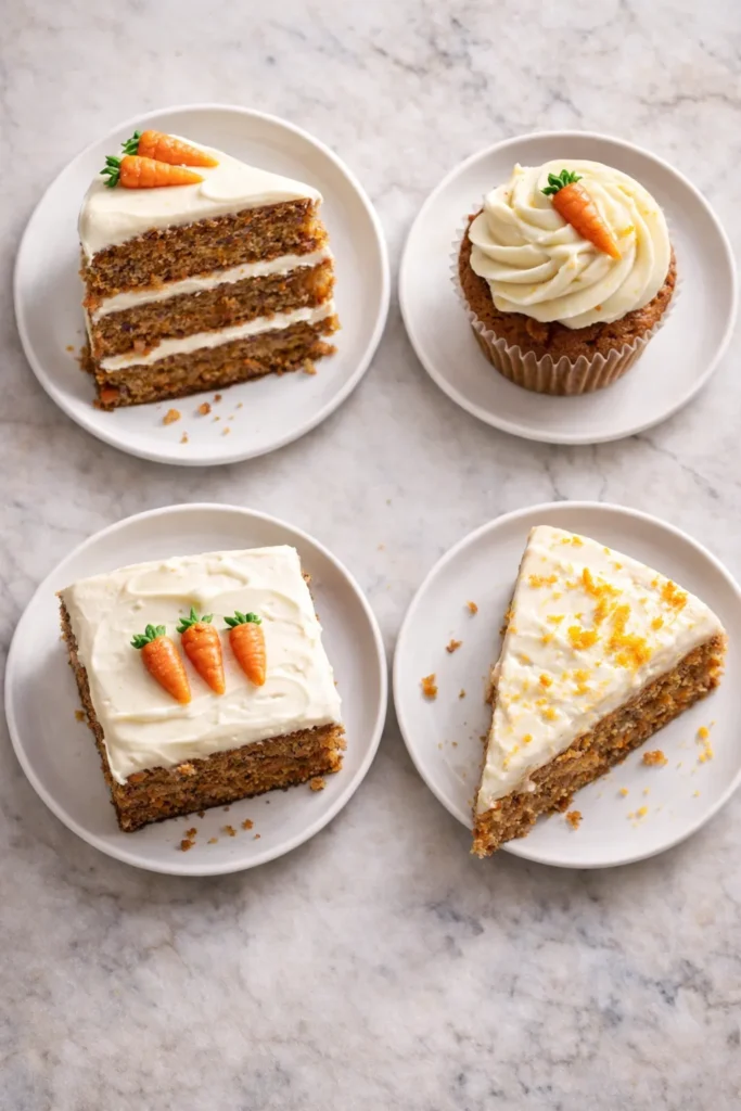 Four carrot cake recipe variations including layered cake cupcakes sheet cake and orange frosting version on marble