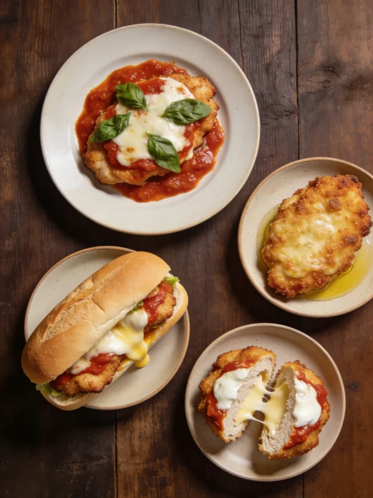 Four chicken parmesan recipe variations including classic sandwich baked and mozzarella stuffed on dark wooden surface