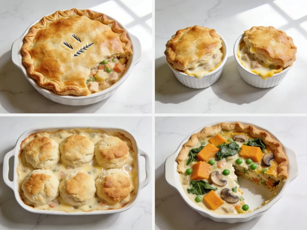 Four chicken pot pie recipe variations including classic mini individual biscuit topped and vegetable versions on white marble