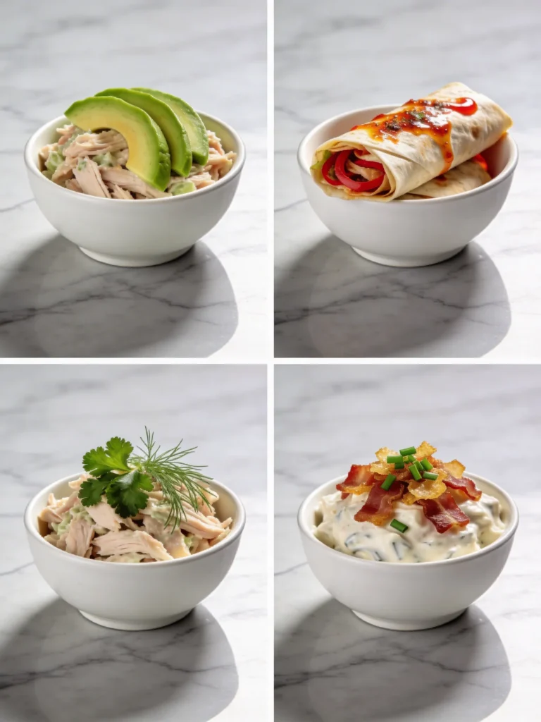 Four chicken salad recipe variations including avocado, spicy sriracha, classic, and bacon ranch in white bowls on marble.